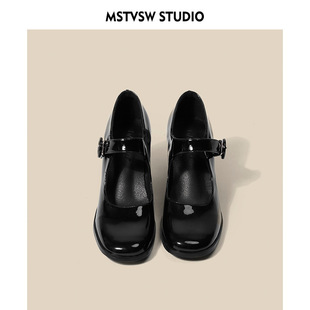 Mary Jane shoes women's retro British style Hepburn black high heel buckle chunky heel square toe single-layer shoes women