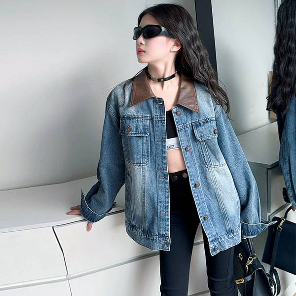 [Leather collar denim jacket]