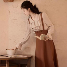 轻熟风长袖衬衫女显瘦高腰背带裙春秋冬季新款名媛两件套外贸批发