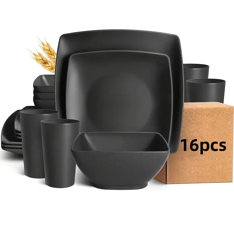 Cross-Border E-Commerce Best-Selling Wheat Straw Square Steak Plate Salad Bowl 4-Person Plate Bowl Cup 16Pcs Gift Set