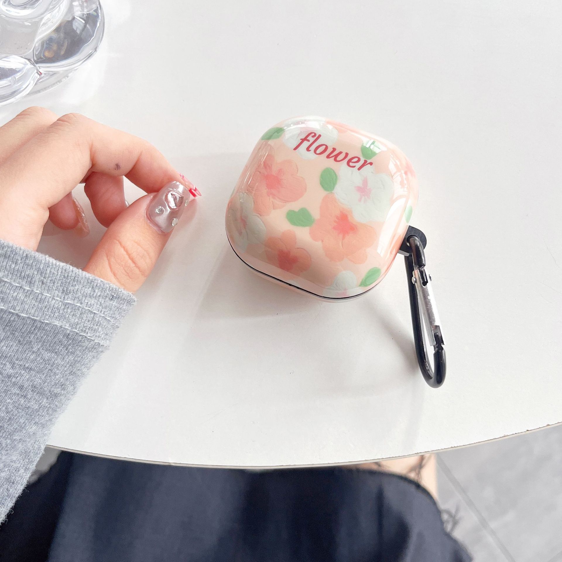 Silicone soft shell-pink flower green leaves