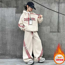 女童加绒卫衣休闲套装秋冬款2026新款洋气女大童时髦儿童运动冬装