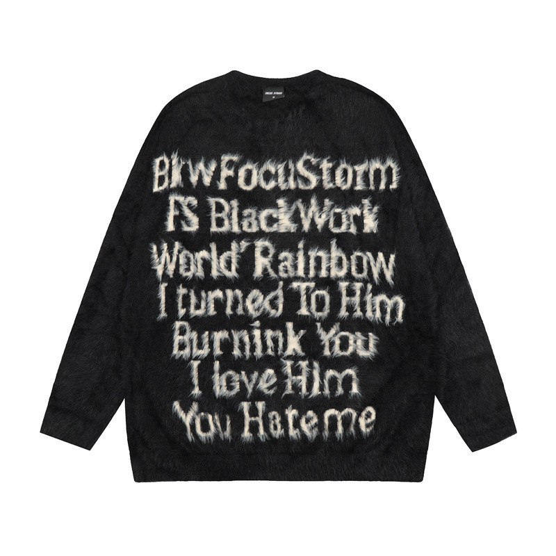 美式宽松毛衣男秋冬季高级感鹿绒毛字母圆领针织衫潮牌情侣慵懒风