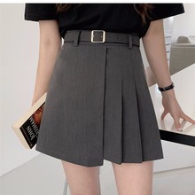 2021夏季新款韓版學院風氣質高腰顯瘦純色短裙百褶半身裙配皮帶女