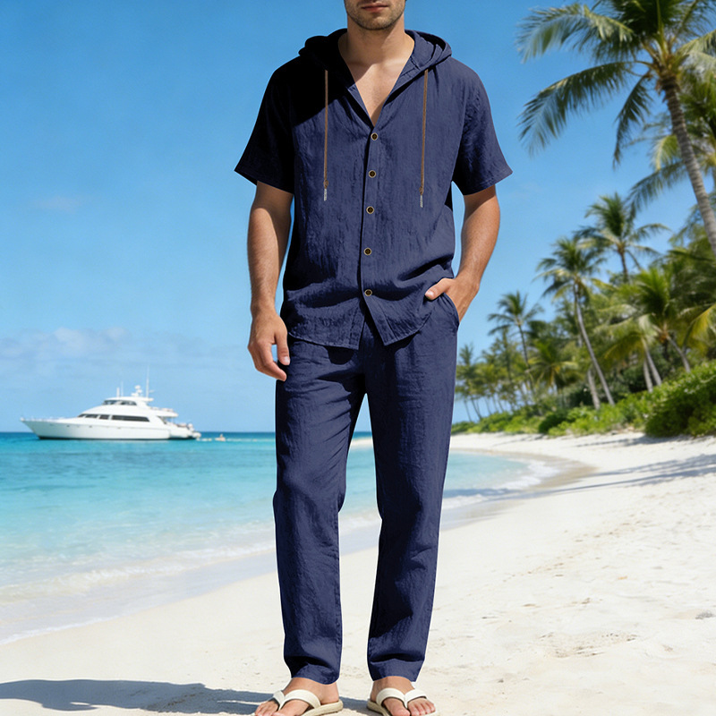 Herren Sommer Leinen Set Kurzarmhemd Und Hose Im Casual Style_voghion.com