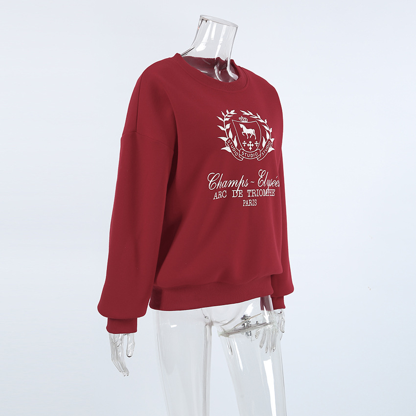 Spring Ankela Red round Neck Women Printed Pullover Sweatshirt Loose Top