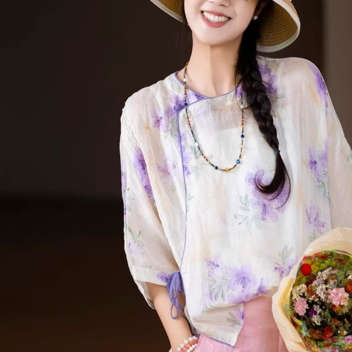 2025 Summer Ancient Fragrance ~ Thin Full Ramie/Light Chinese Style Shirt/All-Over Printed Tie-Collar Shirt