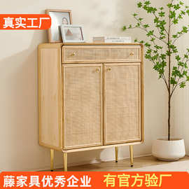 批发北欧实木鞋柜玄关入户家用门口藤艺双门简约分层藤编收纳柜子