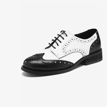 跨境款燒花英倫小皮鞋女春新品拼色圓頭中跟系帶復古深口單鞋女