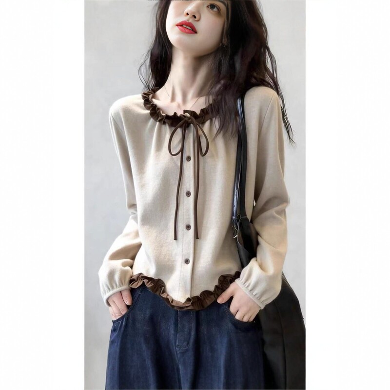 Korean-style gentle ruffled knit cardigan for women, new spring long-sleeve sweater coat, versatile slimming top