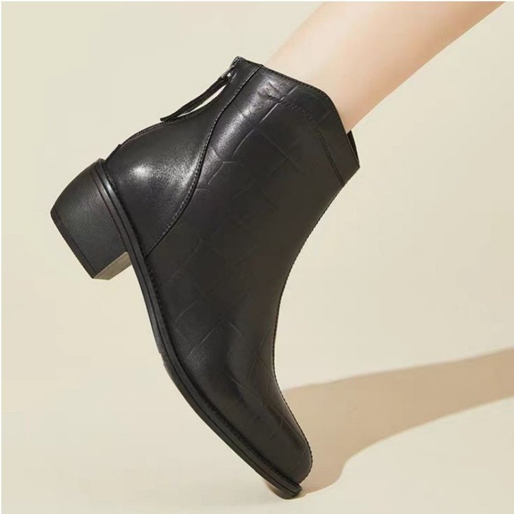 ShoeVault Chunky Heel Short For Women 2024 Autumn Winter New Pointed Toe Side Zipper Casual Cigarette Fashion Spring Korean Style_voghion.com