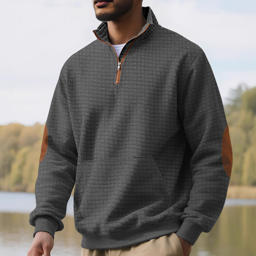 Elegant European and American Leisure Sports Hoodie with Floral Small Square Stand Collar Half Zip Honeycomb Men's Top