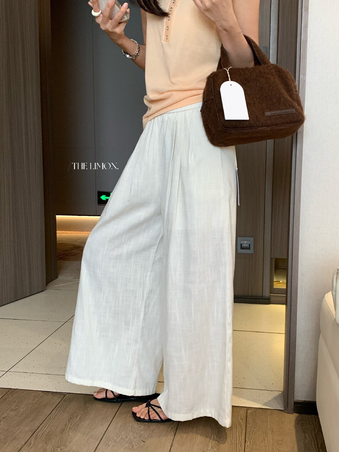 Quần ống rộng nữ vải linen phối cotton dáng suông mùa hè — Xám gạo, Xanh xám nhạt, Xanh đen, Cam bí ngô chi tiết 22