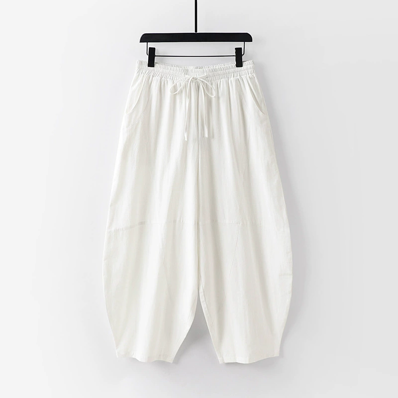 Льняные брюки, мужские повседневные брюки с девятью точками, свободные спортивные брюки с завязками на ногах, мужские шаровары из хлопка и льна большого размера с тремя точками
