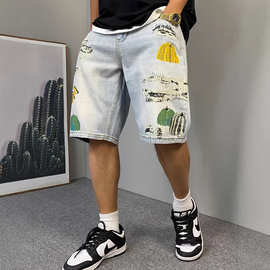 美式高街水洗牛仔短裤男宽松直筒南瓜涂鸦hiphop休闲五分中裤