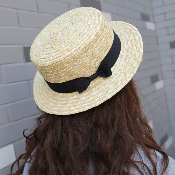 Wheat Straw Flat Top Hat Summer European and American Sun Hat Japanese Classic Simple Straw Wide Brim Hat Women's Sun Protection Straw Hat