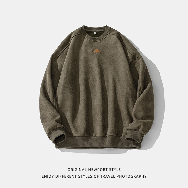 Męska bluza zamszowo-polarowa z okrągłym dekoltem, oversize'owy top typu streetwear z podzielonym panelem i haftowanym napisem_voghion.com