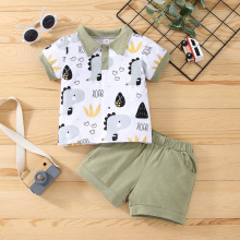 夏季男童新款个性恐龙印花白色短袖短裤套装现货厂家直销一件代发