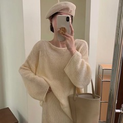 国境を越えた新しい韓国東大門ワンライン襟太い糸ルーズニットセーター女性のための秋と冬の大きな袖トップス
