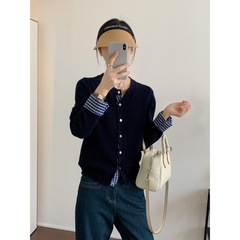 2025春秋季时尚宽松慵懒风格子假两件拼接针织休闲开衫女上衣外套