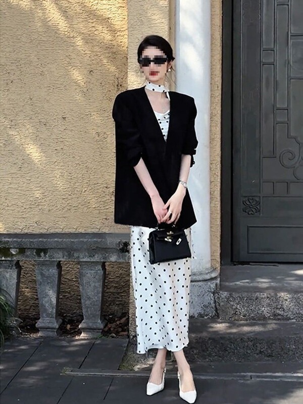 Royal Sister Style Suit Suit for Women Autum New Suit Jacket Ribbon Polka Dot Dress Two-Piece Set