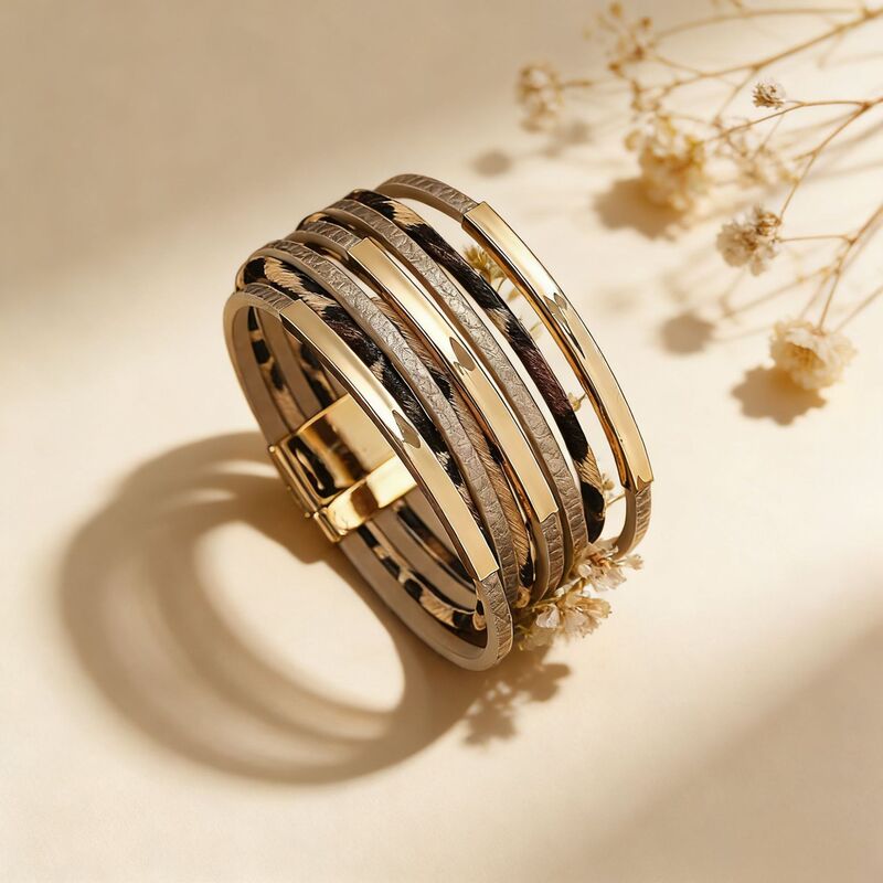 Cross-Border Bracelets, Bangles, Bohemian Pu Bracelets, Snake Pattern Multi-Layered Curved Tube Personalized Magnetic Buckle Leather Bracelets
