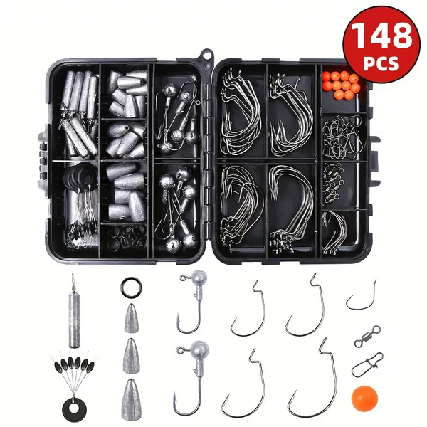 Cross-Border 148-Piece Fishing Accessory Set for Lure Fishing, Sea Fishing, Rock Fishing, and Jigging with Lead Head Hooks, Crank Hooks, and Lead Sinkers