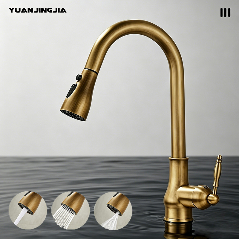 Golden French Entry Luxury Vintage Copper Kitchen Drawable Faucet Household Sink Vegetable Basin Rotating Hot and Cold Faucet