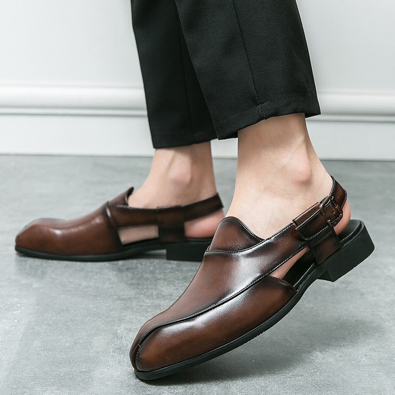 Giày sandal da nam cỡ lớn mũi vuông, quai ngang khóa cài, thoáng khí nhẹ nhàng — 5671 màu nâu, 5671 màu đen