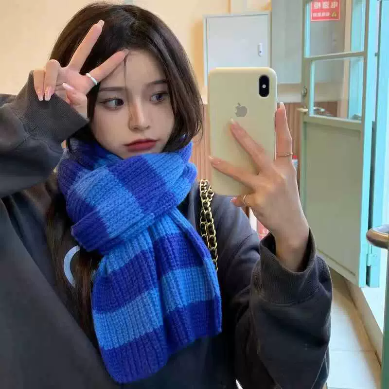蓝色条纹围巾女冬季2024新款韩版百搭学生保暖针织毛线情侣款围脖