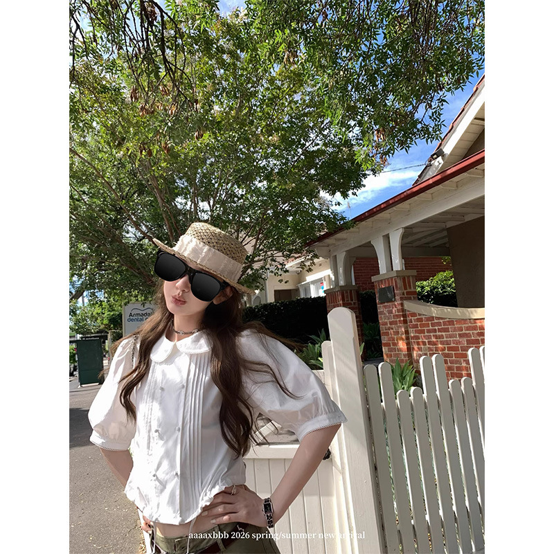Aaaaxbbb Panama Rose Mid-Sleeve Doll Collar Cotton White Shirt with Lace Front and Puff Sleeves for Women Aaaaxbbb Panama Rose Mid-Sleeve Doll Collar Cotton White Shirt with Lace Front and Puff Sleeves for Women