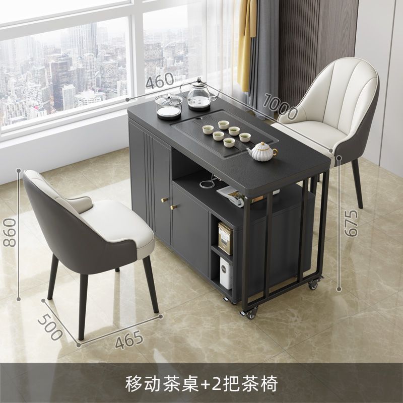Mesa de té móvil mesa de té de doble propósito oficina multifuncional coche de té doméstico con ruedas mesa de oficina de piedra negra simple