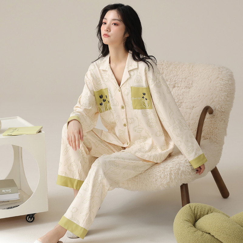 [pure cotton] 40 double-sided pajamas women's spring autumn and winter new long sleeve with chest pad home clothes suit can be worn outside