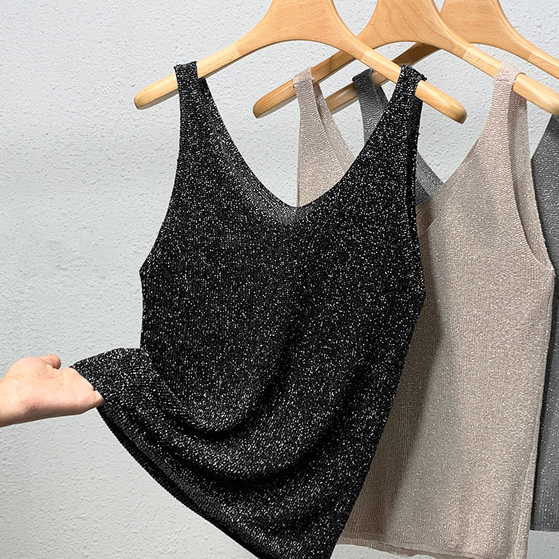 Ropa interior de las mujeres de punto de seda de brillo camisola 2024 primavera y verano europeo nuevo estilo occidental suelto sin mangas superior