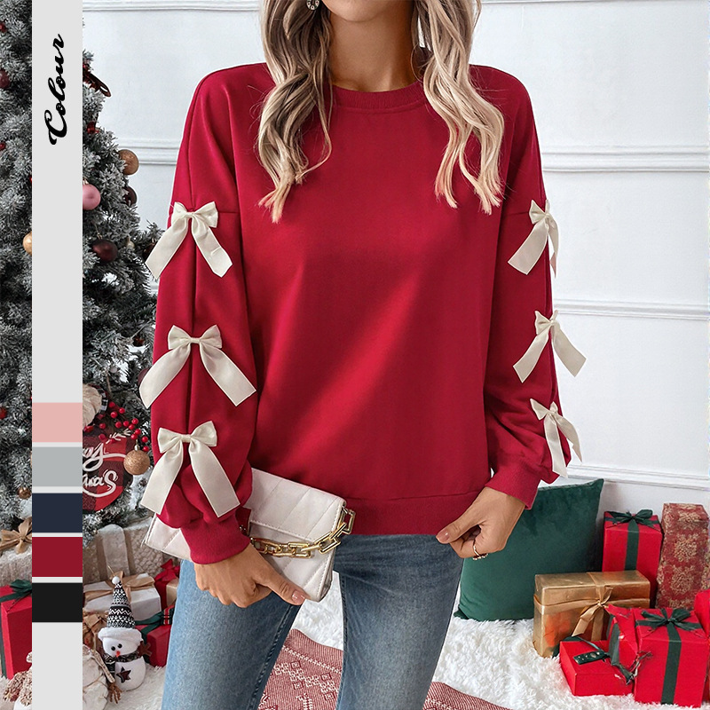 【Baifen Clothing】Amazon's Popular Christmas Sweet-Style Top, Cross-Border Round-Neck Bow Red Sweatshirt 【Baifen Clothing】Amazon's Popular Christmas Sweet-Style Top, Cross-Border Round-Neck Bow Red Sweatshirt