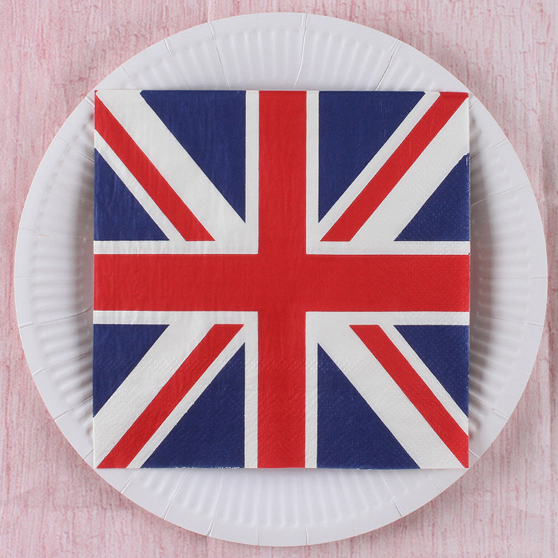 Cross-border special color printed red and blue British flag napkins 33 cm 2-layer Western food theme disposable napkins