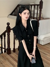 法式黑色连衣裙女2024夏新款收腰镂空设计感长款显瘦A字裙小黑裙