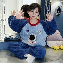 秋冬季男童法兰绒睡衣套装青少年珊瑚绒加厚中大童男生亲子家居服