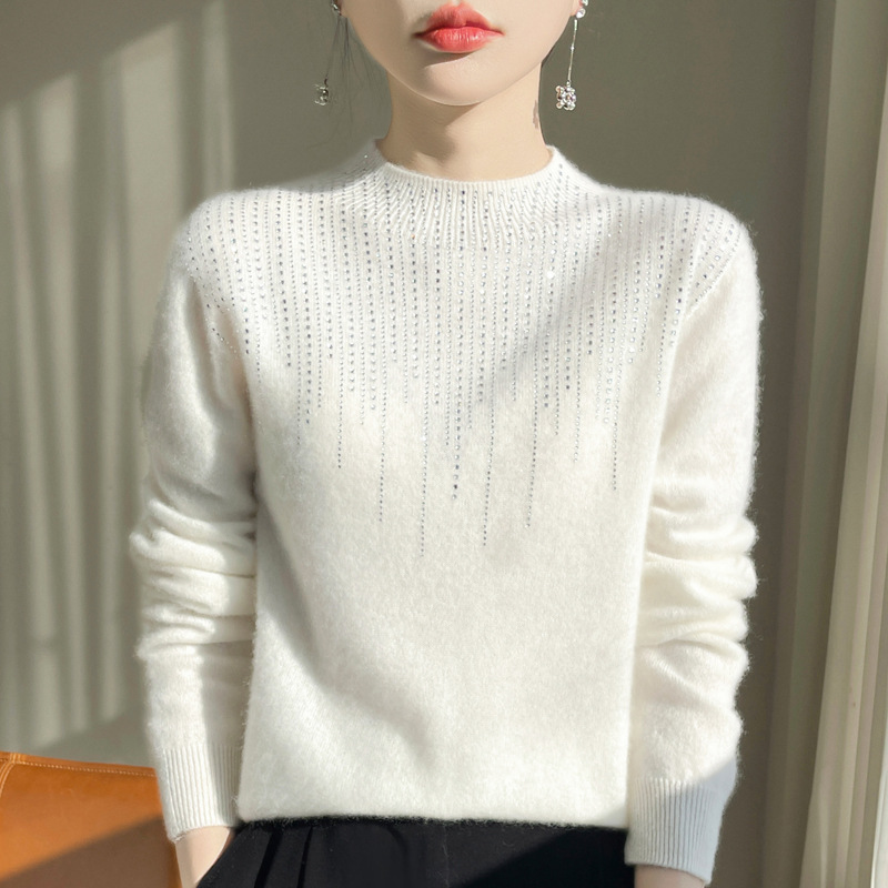 Otoño y invierno nueva ropa de primera línea de lana pura mujer rosca de diamante top medio alto base ocio viaje suéter de manga larga