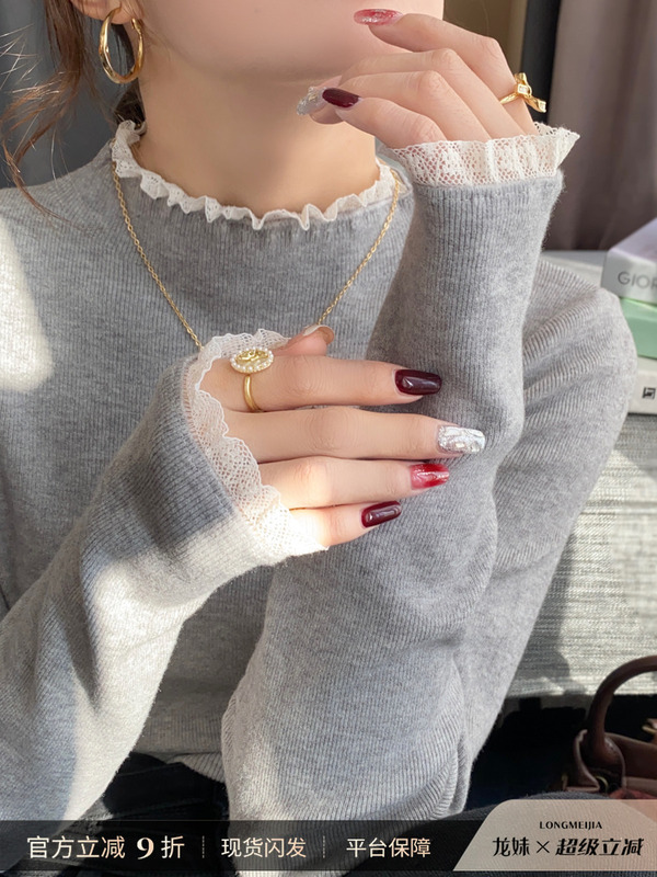 灰色蕾丝边打底衫女早秋季内搭2025新款设计感黑色上衣半高领毛衣|undefined
