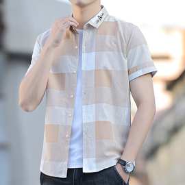 包邮新款夏季男士短袖衬衫韩版修身潮流帅气休闲男装格子衬衣代发
