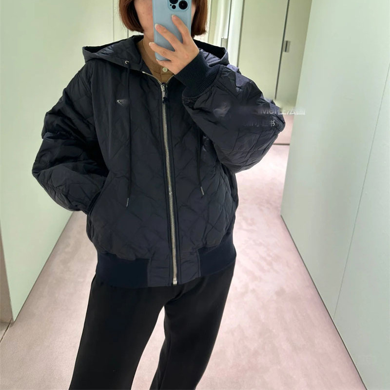 25秋冬新款南油高定Pra简约休闲百搭经典菱格纹连帽棉服外套|undefined
