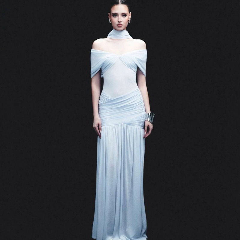 Ice Blue Slim-Fit Knitted Long Dress with a Half-High Collar, Halter Neck, Off-The-Shoulder Design, Twisted Pleats, Waist-Cinching, Flowy and Elegant Floor-Length Gown Ice Blue Slim-Fit Knitted Long Dress with a Half-High Collar, Halter Neck, Off-The-Shoulder Design, Twisted Pleats, Waist-Cinching, Flowy and Elegant Floor-Length Gown
