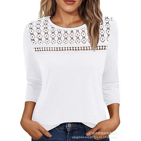 European and American Amazon New 3/4 Long-Sleeved Women's Tops Lace Elegant Business Casual Spring and Summer Fashion T-Shirts
