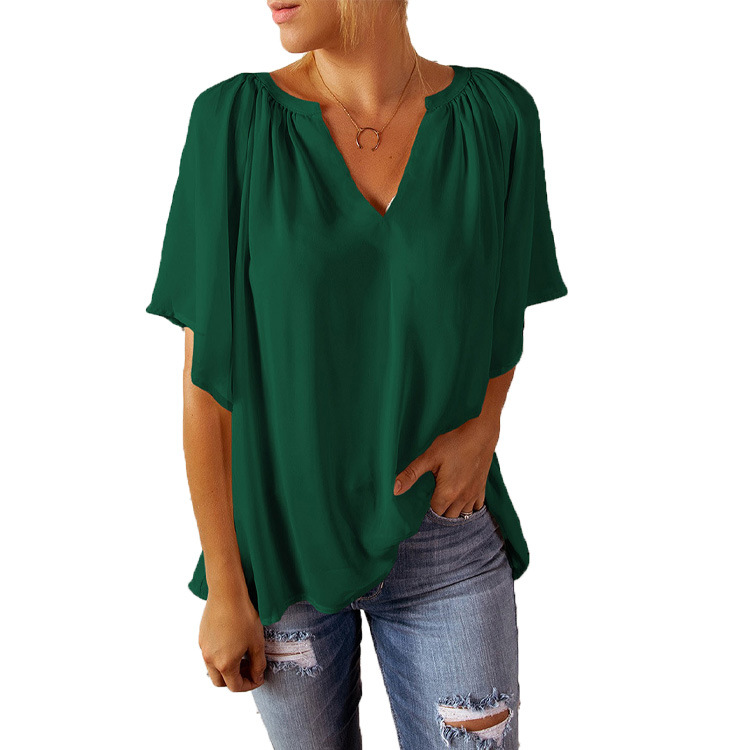 2024 Summer New Loose Quarter Sleeve T-shirt Women's V-neck Pullover Top_voghion.com