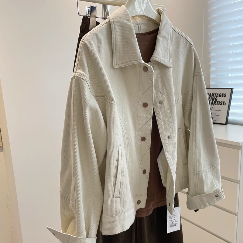 Korean style beige Denim coat! Spring and Autumn bright line design versatile slimming loose casual short jacket top for women