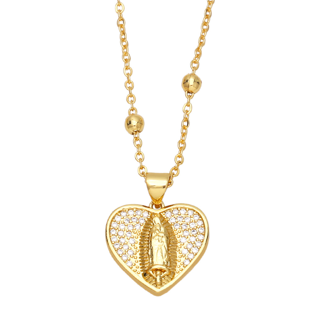 Fashion Colorful Zircon Heart-Shaped Virgin Mary Copper 18K Gold-plated Necklace
