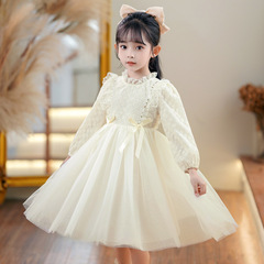 兒童連衣裙新款韓版小女孩長袖蕾絲花邊裙時尚女童網紗禮服公主裙