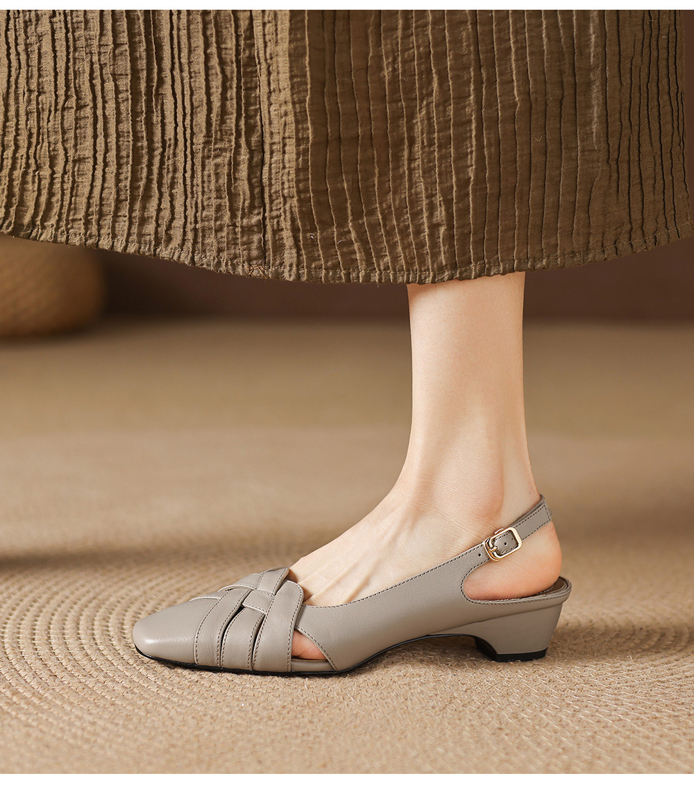 Sandal nữ da cừu mũi nhọn quai ngang gót vuông 6 cm — đen chi tiết 17