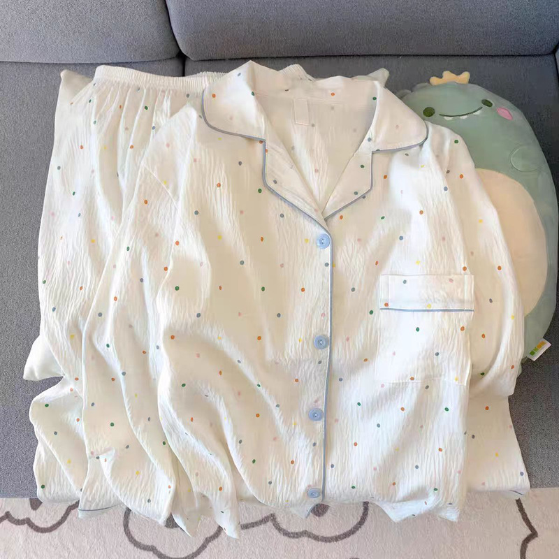 Polka Dot Cloud Cotton Long-Sleeved Trousers, Various Lapel Cardigans, Spring and Autumn Home Wear Suits, Pajamas, Source Factory Polka Dot Cloud Cotton Long-Sleeved Trousers, Various Lapel Cardigans, Spring and Autumn Home Wear Suits, Pajamas, Source Factory